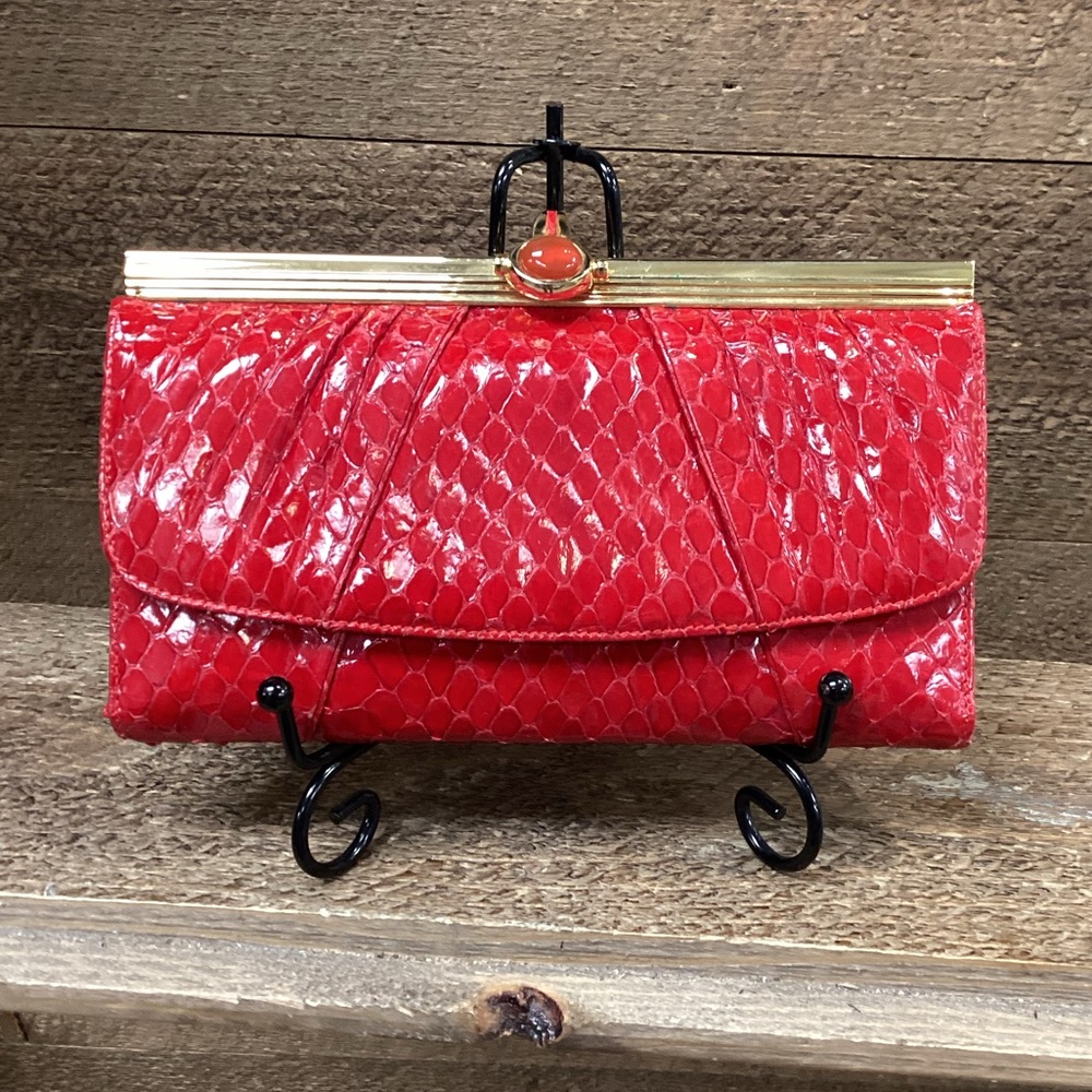 Judith Leiber Red Snakeskin Wallet / Clutch